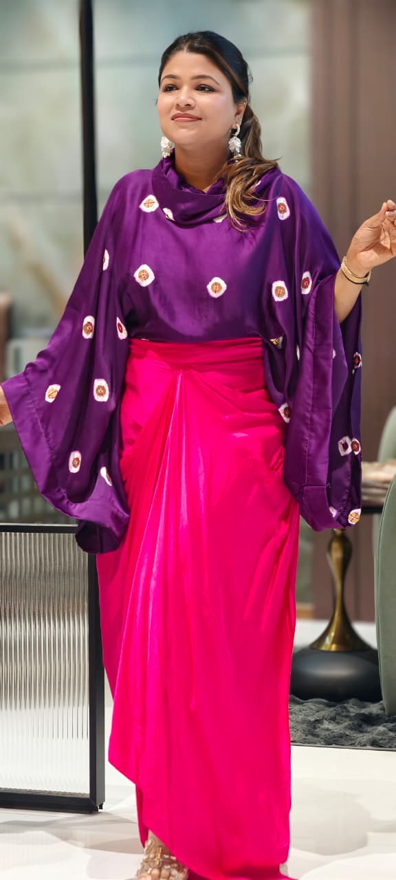 Purple Bandhani Print Cape Top with Fuchsia Pink Dhoti Skirt Bottom Modal Satin Indo-Wear- 14955