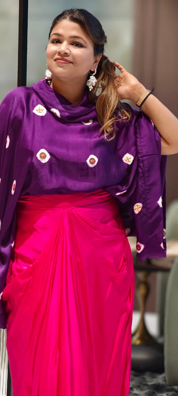 Purple Bandhani Print Cape Top with Fuchsia Pink Dhoti Skirt Bottom Modal Satin Indo-Wear- 14955