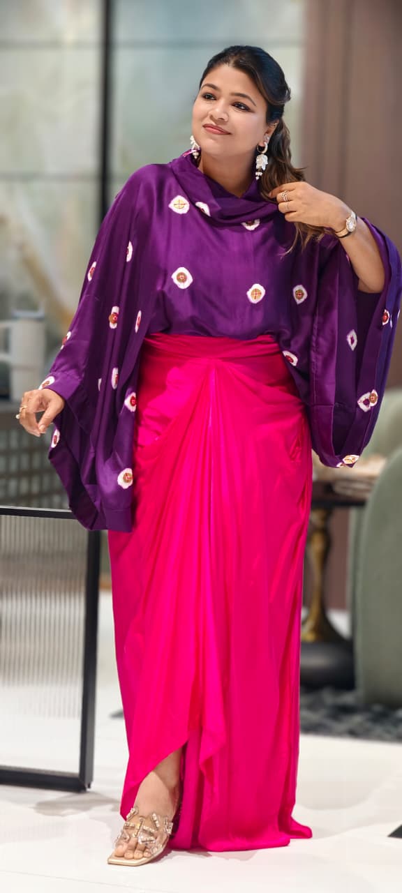 Purple Bandhani Print Cape Top with Fuchsia Pink Dhoti Skirt Bottom Modal Satin Indo-Wear- 14955