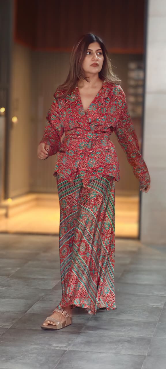 Tiny Floral Block Prints Kimono Style Shiny Modal Satin Indo Wear Top With Flared Bottom- 14947