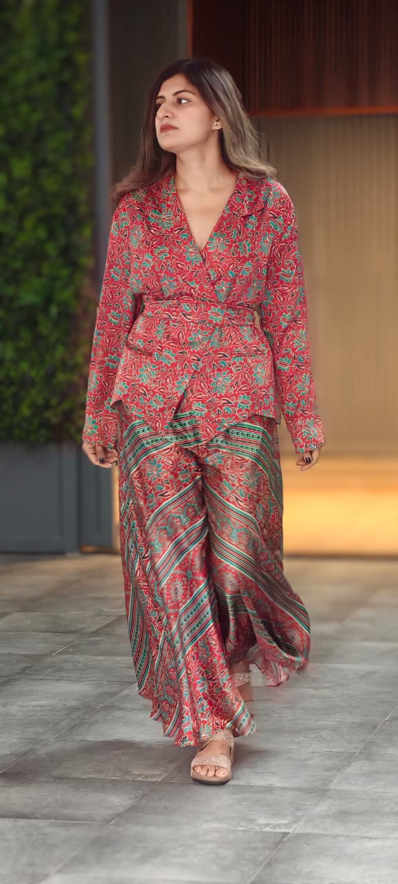Tiny Floral Block Prints Kimono Style Shiny Modal Satin Indo Wear Top With Flared Bottom- 14947