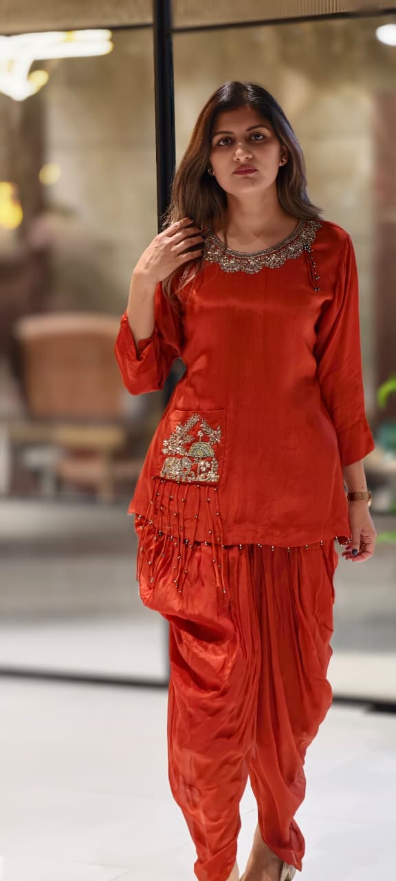 Blunt Orange Jaipuri Sequin Detailing Over Neck & Tasseled Pocket Chinon Indo-Wear- 15012