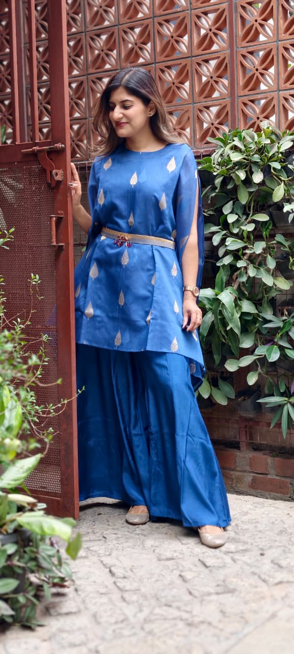 Royal Blue Leafy Brocade Touch Kaftan Look Indo-Western With Bottom & Separate Belt- 13460