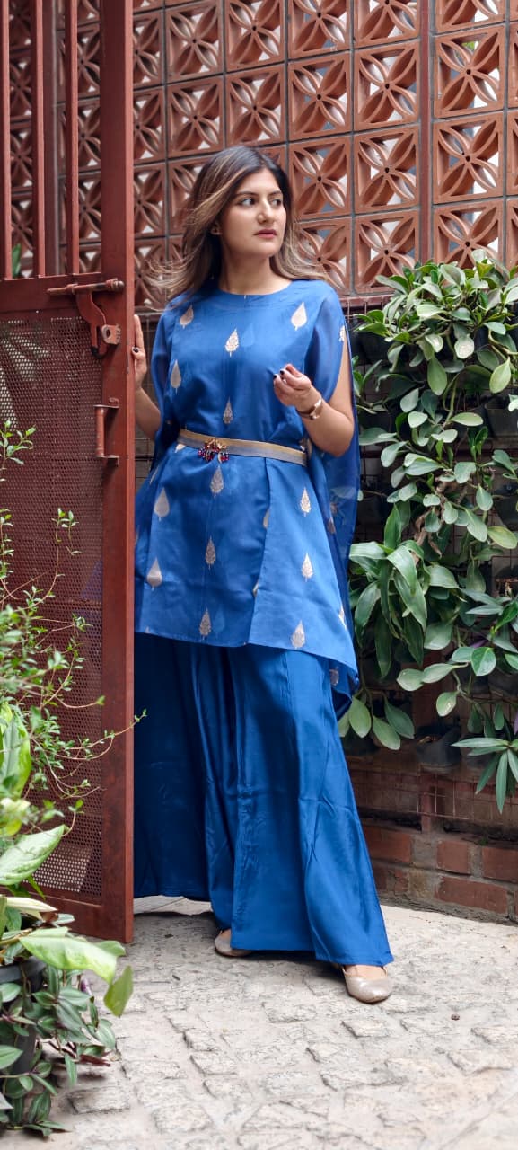 Royal Blue Leafy Brocade Touch Kaftan Look Indo-Western With Bottom & Separate Belt- 13460