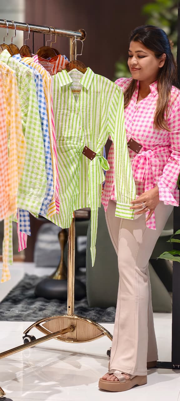 Neon Shades Stunning Stripes & Checks Side Knotted Light Weight Imported Shirt- 15458, 15457