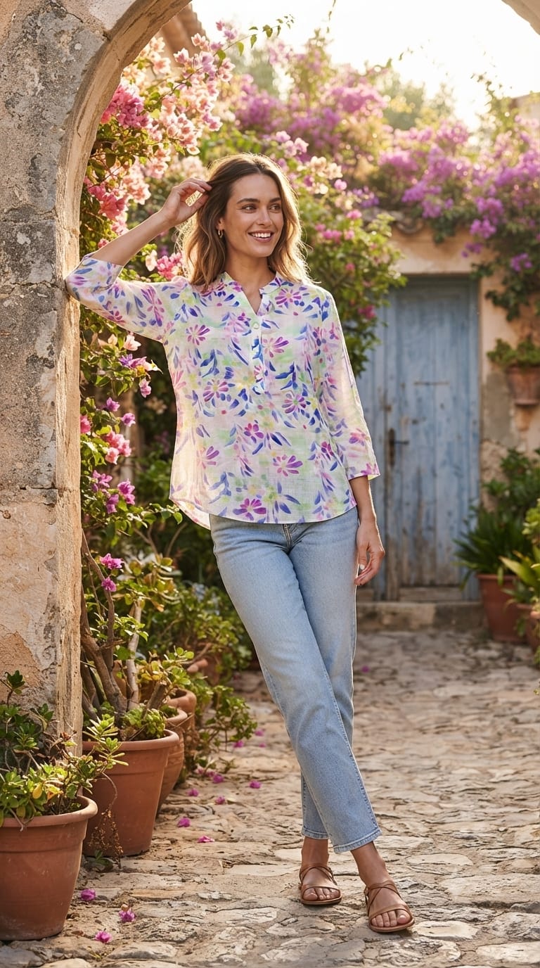 Vintage-Inspired Mixed Color Printed Pure Linen Casual Tops- 15465