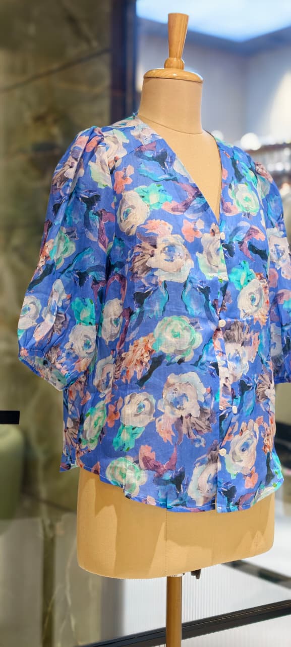Watermark Floral Illusional Print V-Neck Vibrant Pure Linen Casual Top- 15464