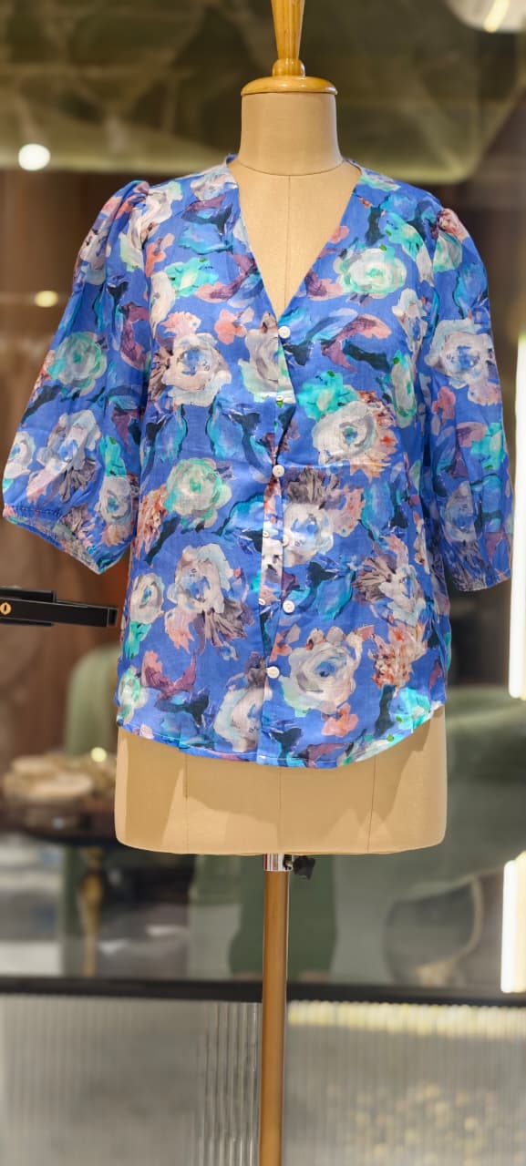 Watermark Floral Illusional Print V-Neck Vibrant Pure Linen Casual Top- 15464