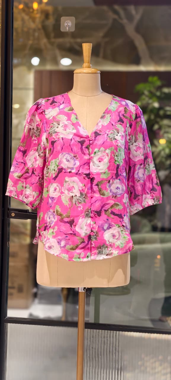 Watermark Floral Illusional Print V-Neck Vibrant Pure Linen Casual Top- 15464