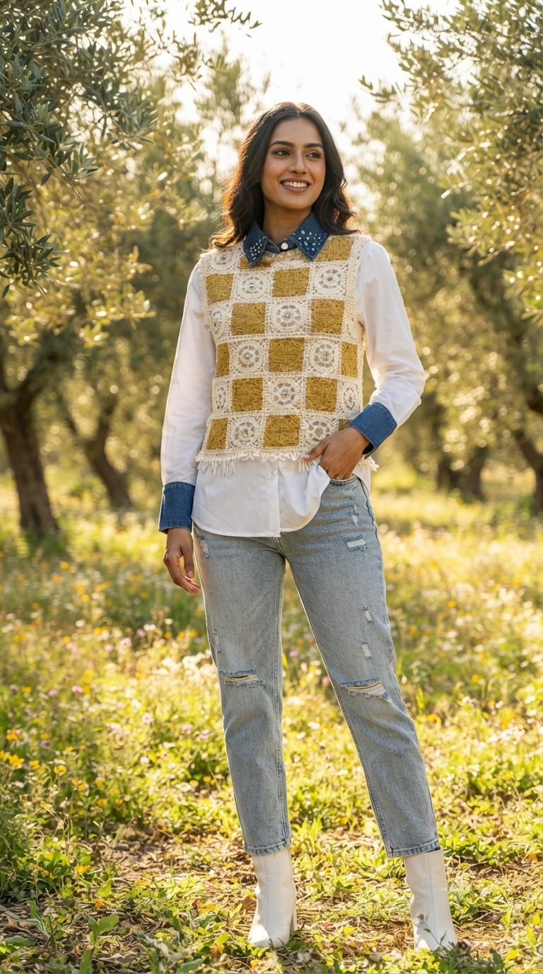 Studded Stone Solid Shirt With Checkerboard Crochet Stitch Detechable Outer- 15438