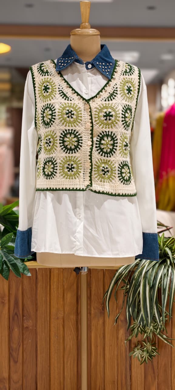 Studded Stone Denim Collar White Shirt with Cropped Granny Square Crochet Outer- 15438