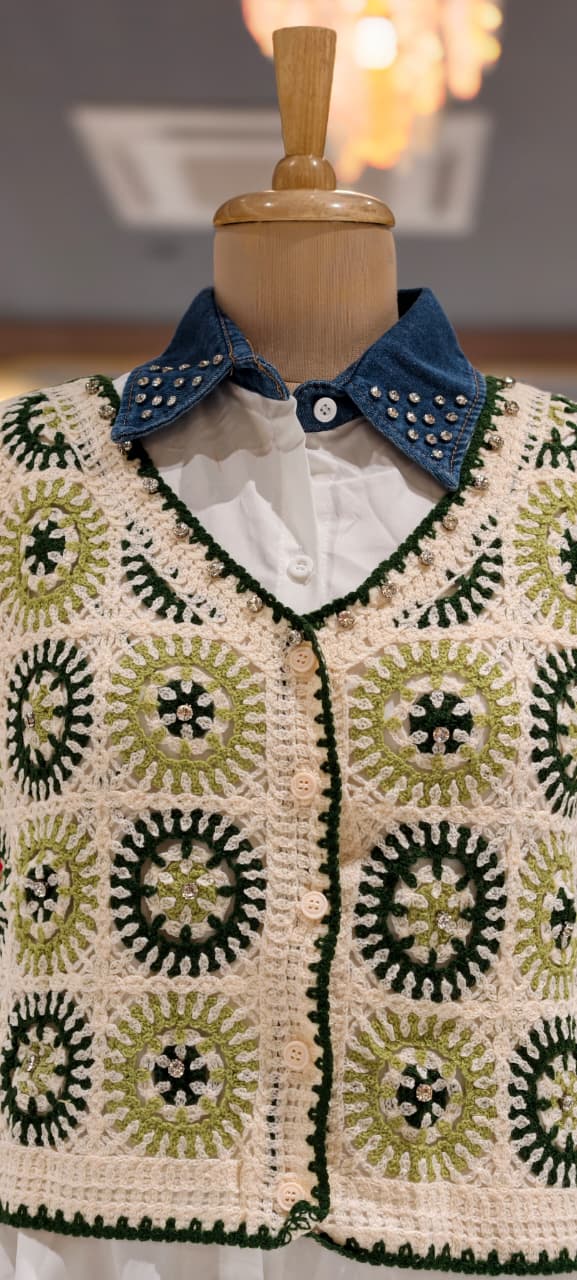 Studded Stone Denim Collar White Shirt with Cropped Granny Square Crochet Outer- 15438