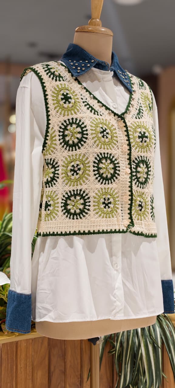Studded Stone Denim Collar White Shirt with Cropped Granny Square Crochet Outer- 15438