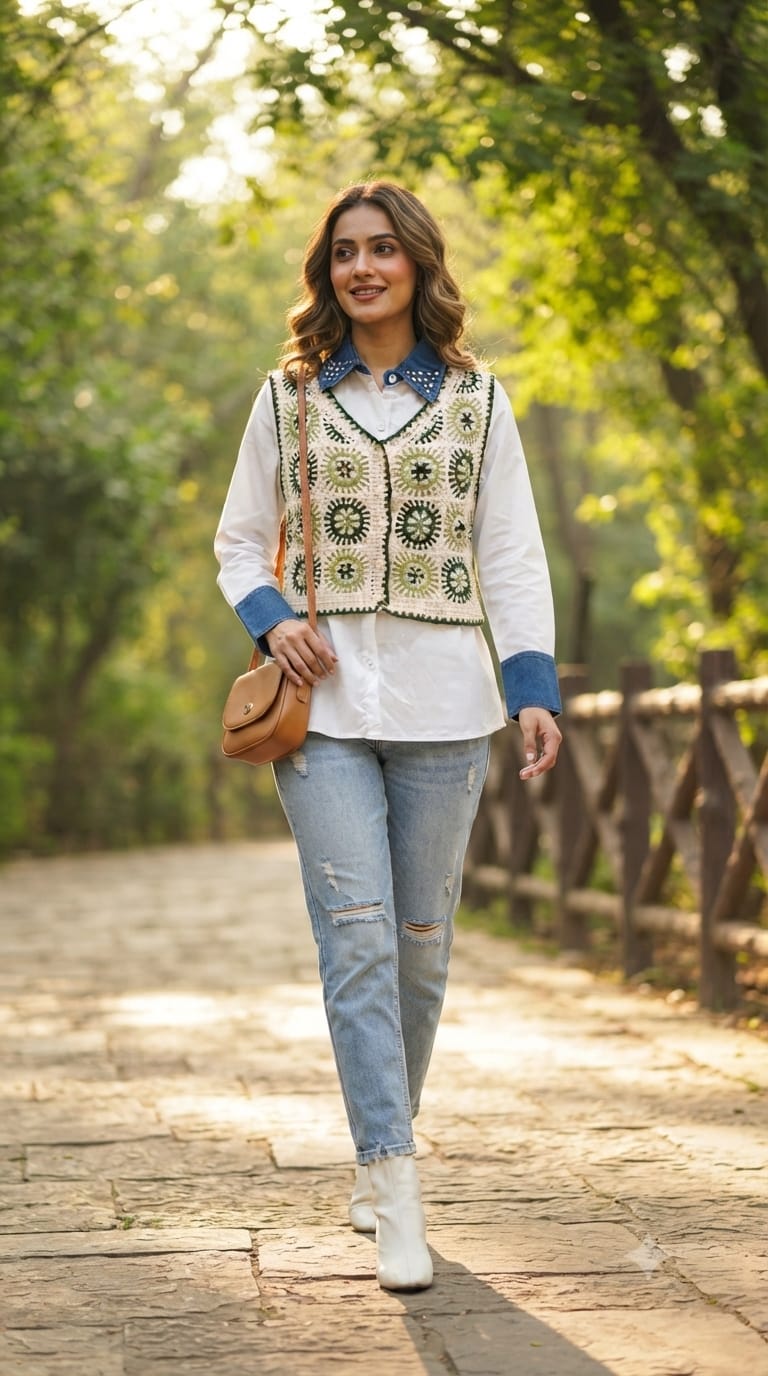 Studded Stone Denim Collar White Shirt with Cropped Granny Square Crochet Outer- 15438