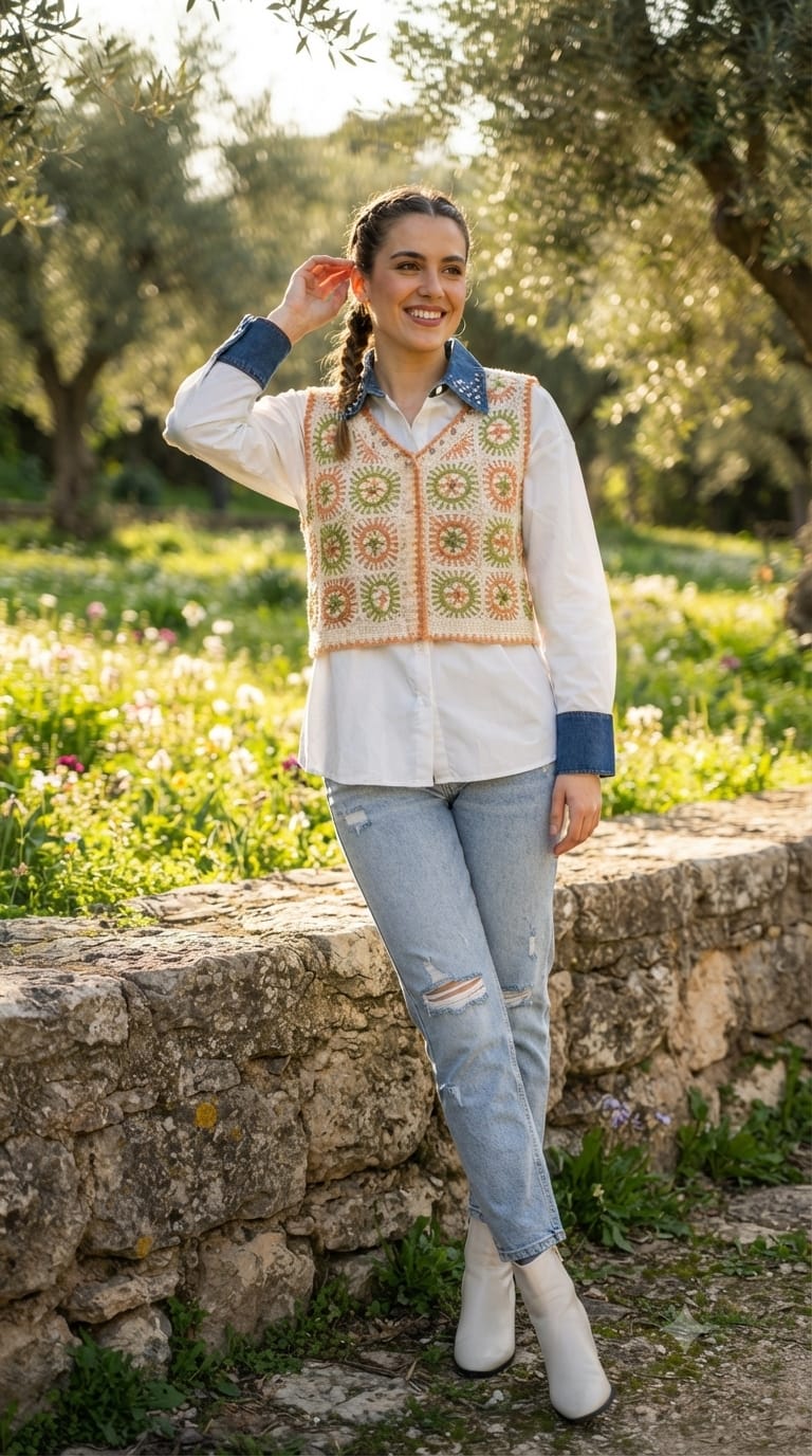 Studded Stone Denim Collar White Shirt with Cropped Granny Square Crochet Outer- 15438