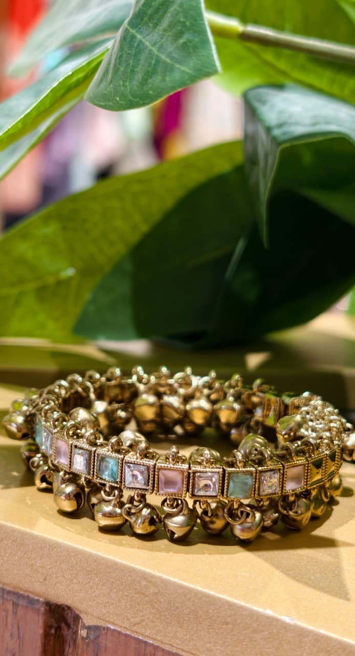 Golden Ghungroo Charm Multicolor Stoned Bracelet