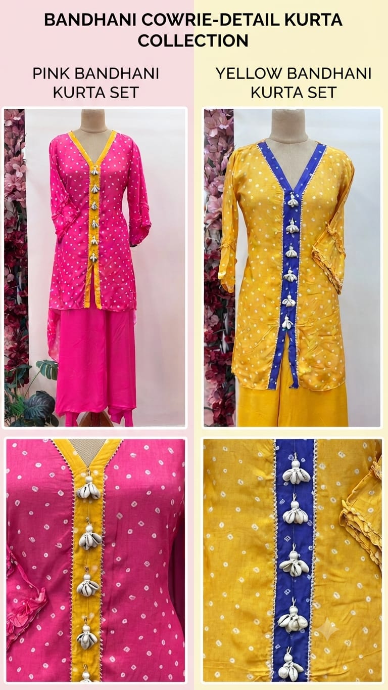 Bandhej High-Low Kurta with Flare Bottom Yellow Placket and Handcrafted Cowrie Shell Tassels-12256,12257