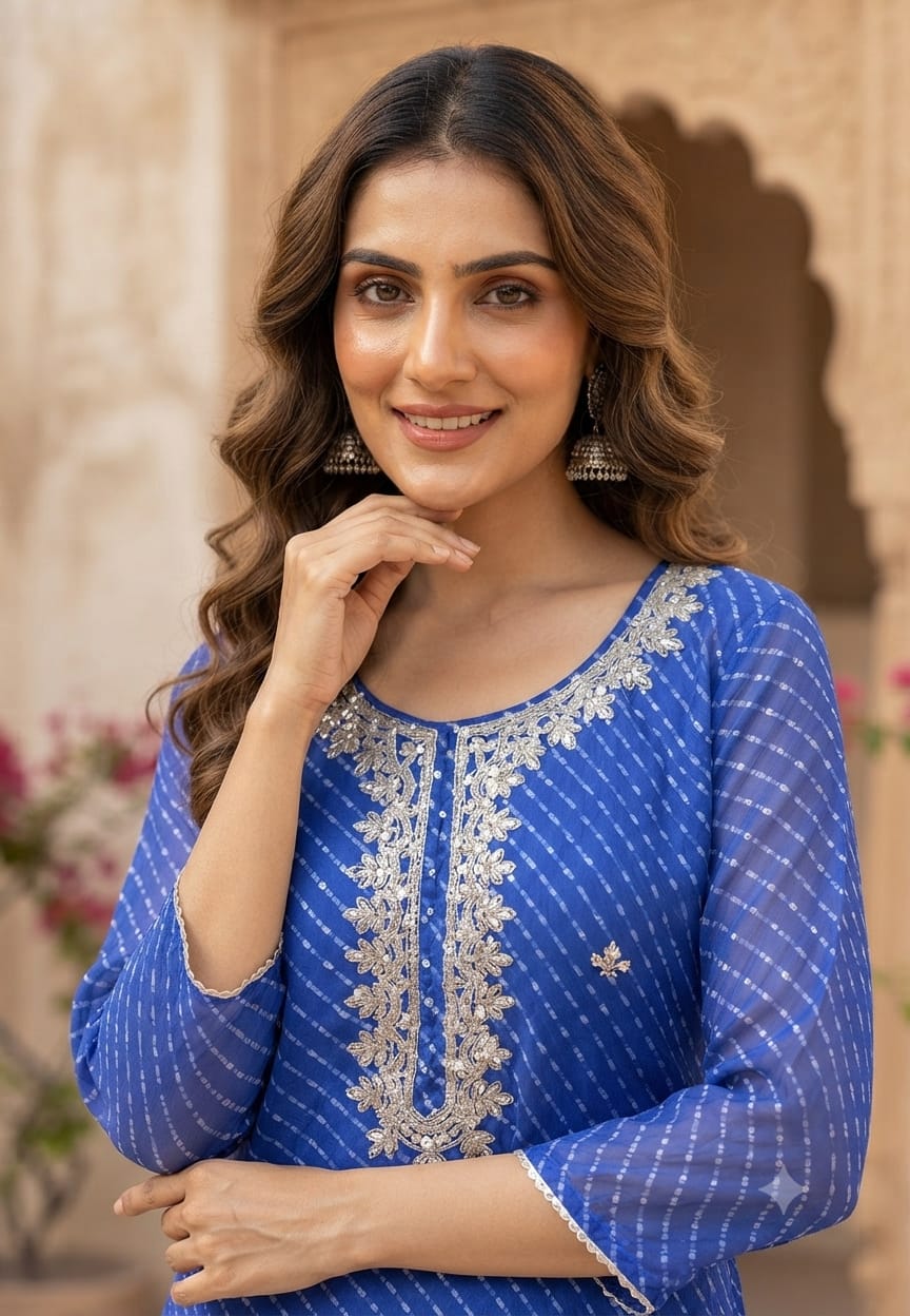 Royal Blue Leheriya Print Kurti with Heavy Embroidered Neck – 15490