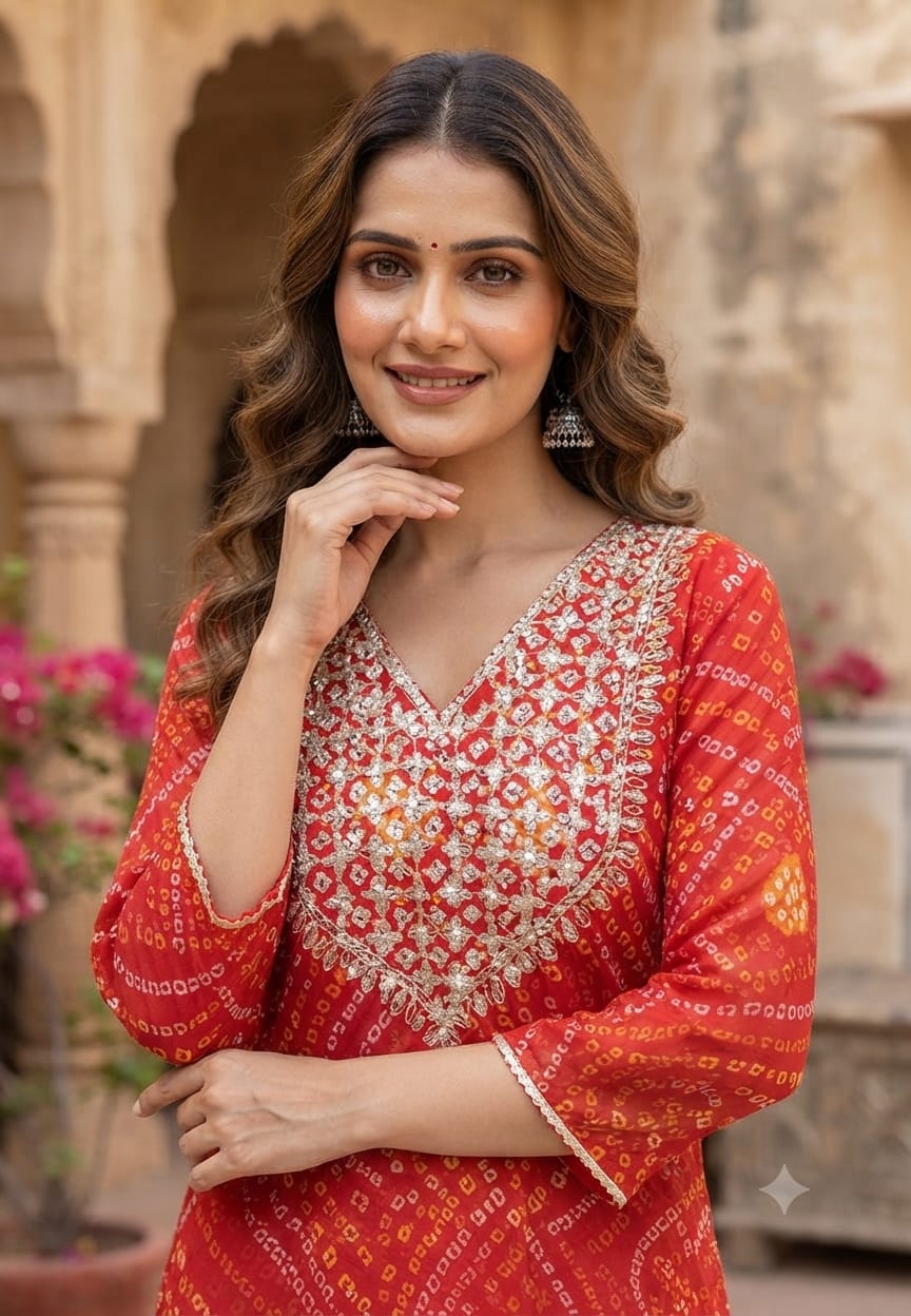 Women's Georgette Bandhani Print Kurti with Heavy Embroidered V-Neck-15490