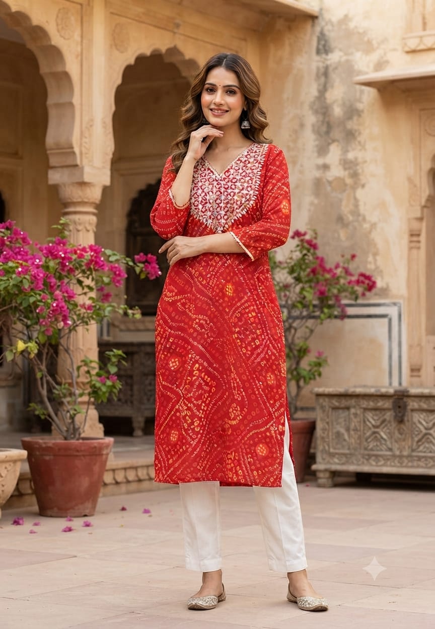 Women's Georgette Bandhani Print Kurti with Heavy Embroidered V-Neck-15490