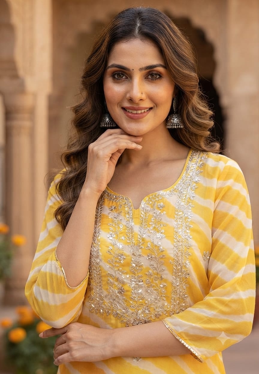 Yellow Leheriya Print Kurti with Heavy Hand Embroidered Yoke –15490