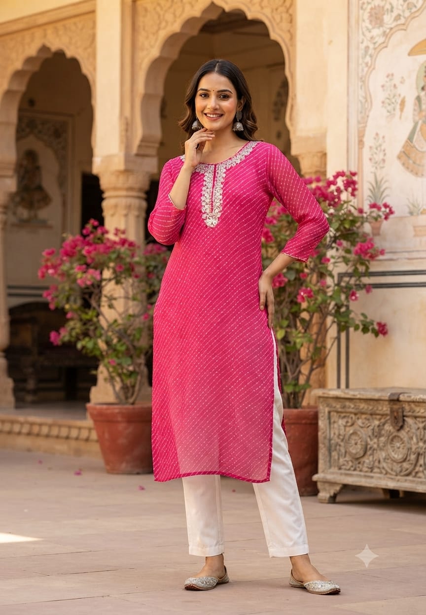 Women's Georgette Leheriya Print Kurti with Heavy Embroidered Round Neck-15490