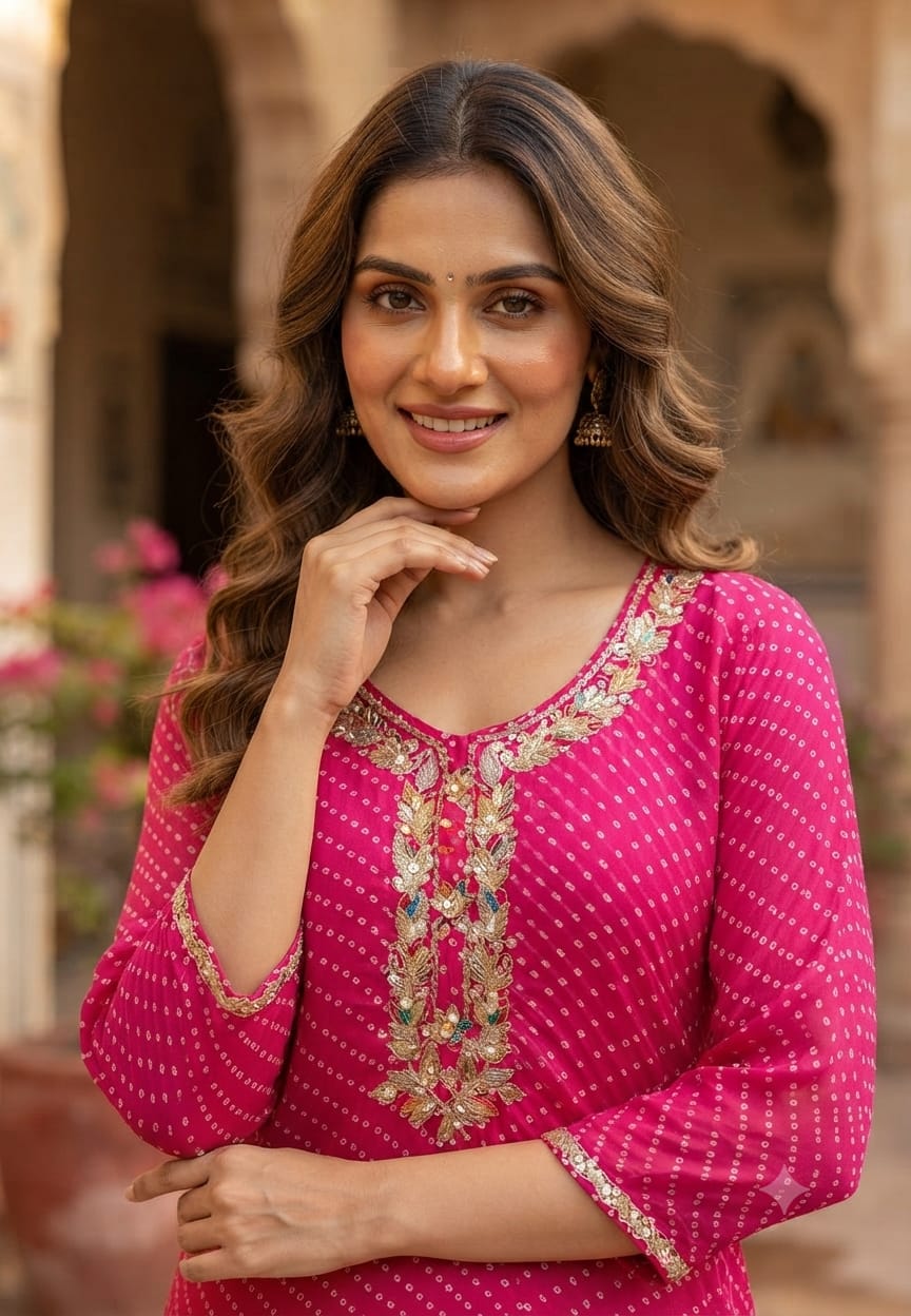 Pink Embroidered Georgette Leheriya Print Kurti with V-Neck –15490
