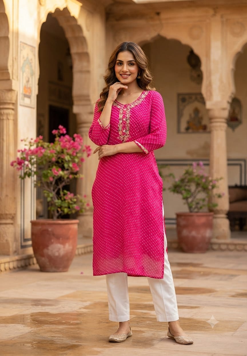 Pink Embroidered Georgette Leheriya Print Kurti with V-Neck –15490