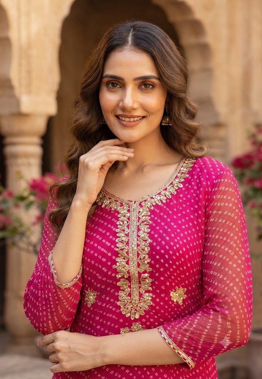 Georgette Leheriya Print Kurti with Heavy Embroidered Neck 15490