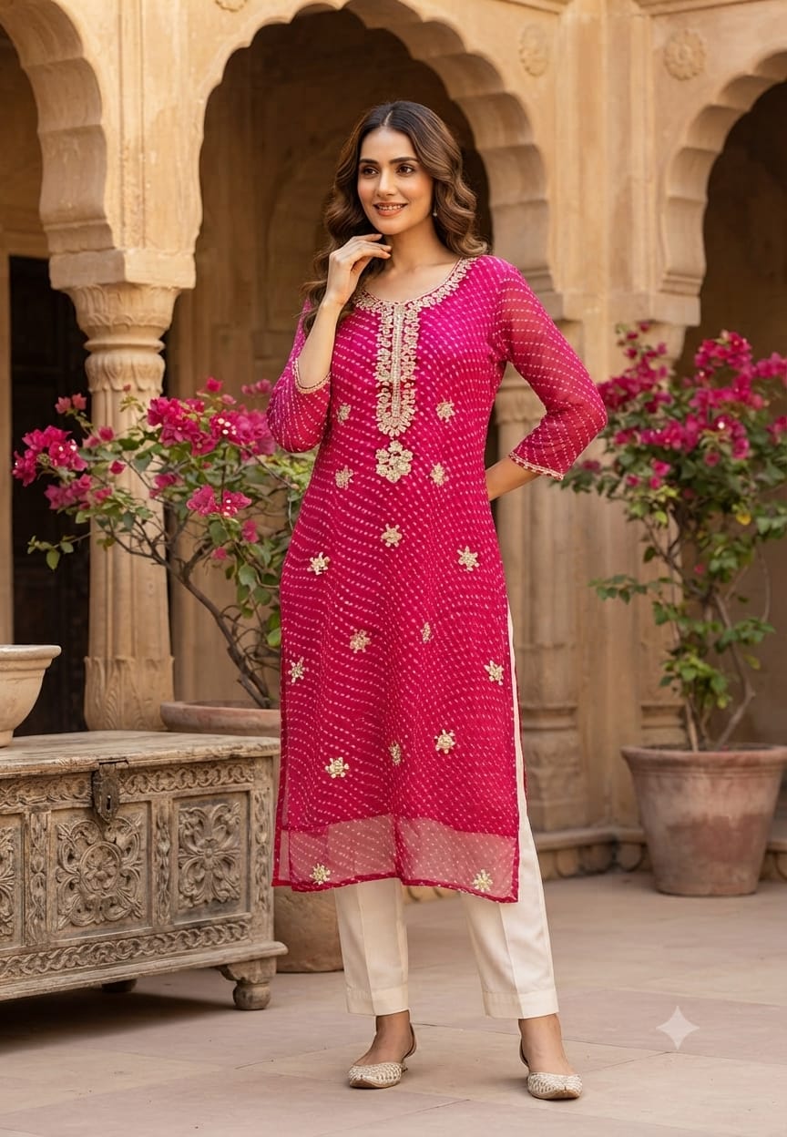 Georgette Leheriya Print Kurti with Heavy Embroidered Neck 15490