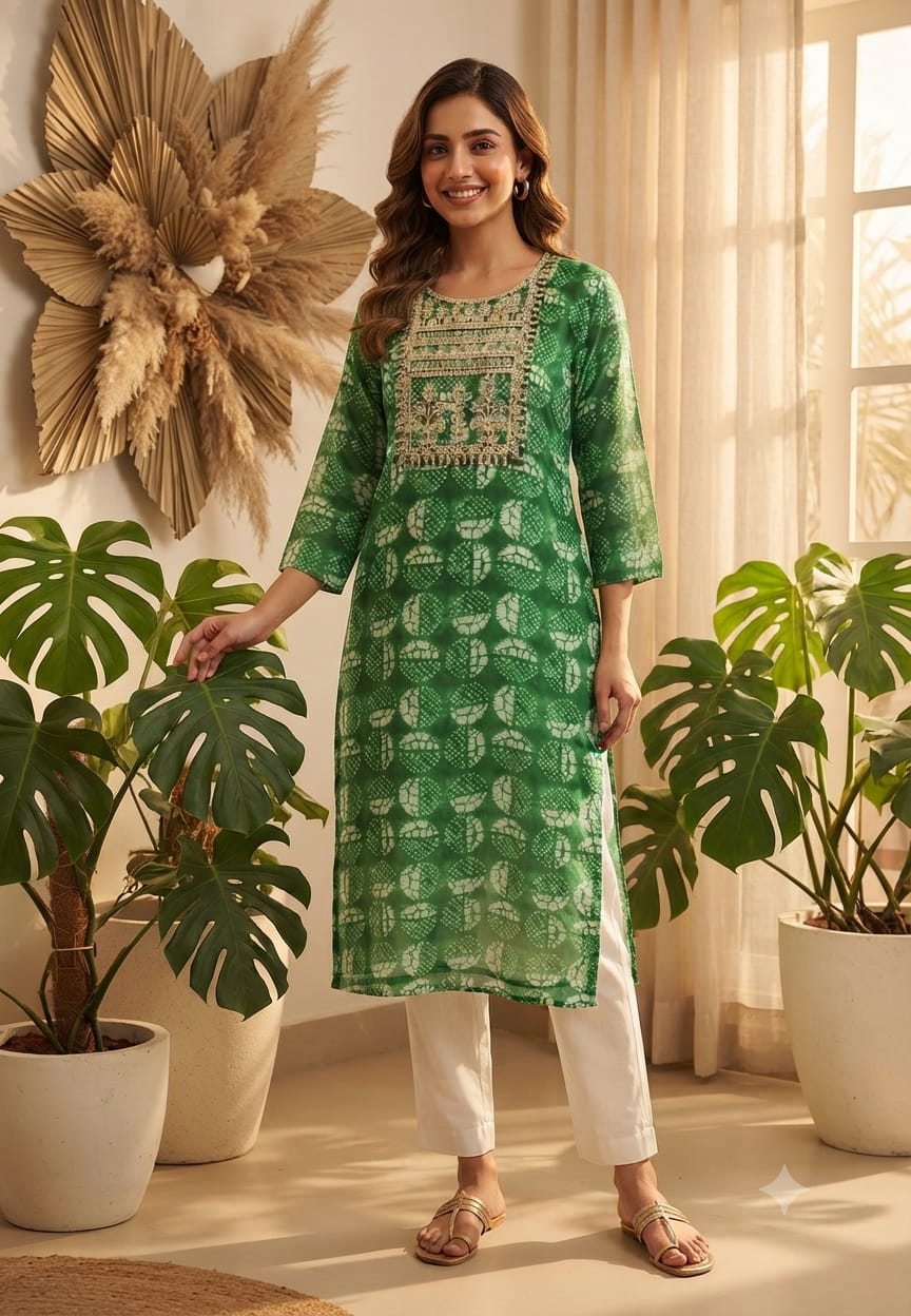 Women's Georgette Printed Kurti with Embroidered Yoke Straight Fit-15478