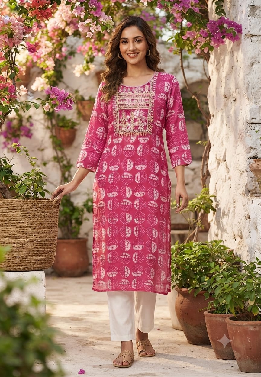 Women's Georgette Printed Kurti with Embroidered Yoke Straight Fit-15478