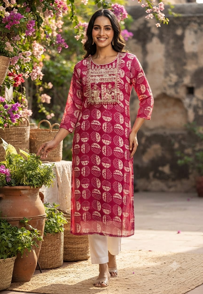 Women's Georgette Printed Kurti with Embroidered Yoke Straight Fit-15478