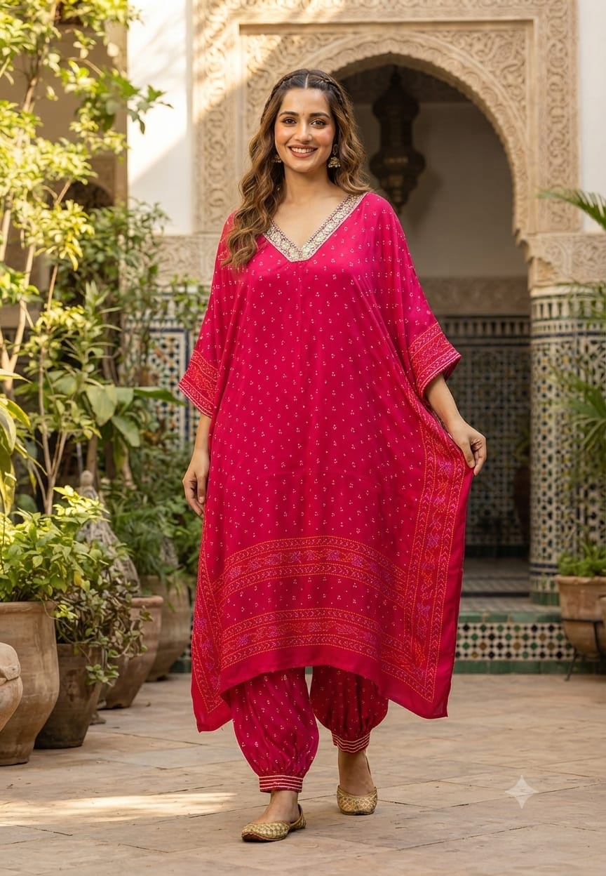 Embellished V-Neck Premium Semi Chinon Bandhani Print Kaftan Set with Balloon Pant-15486
