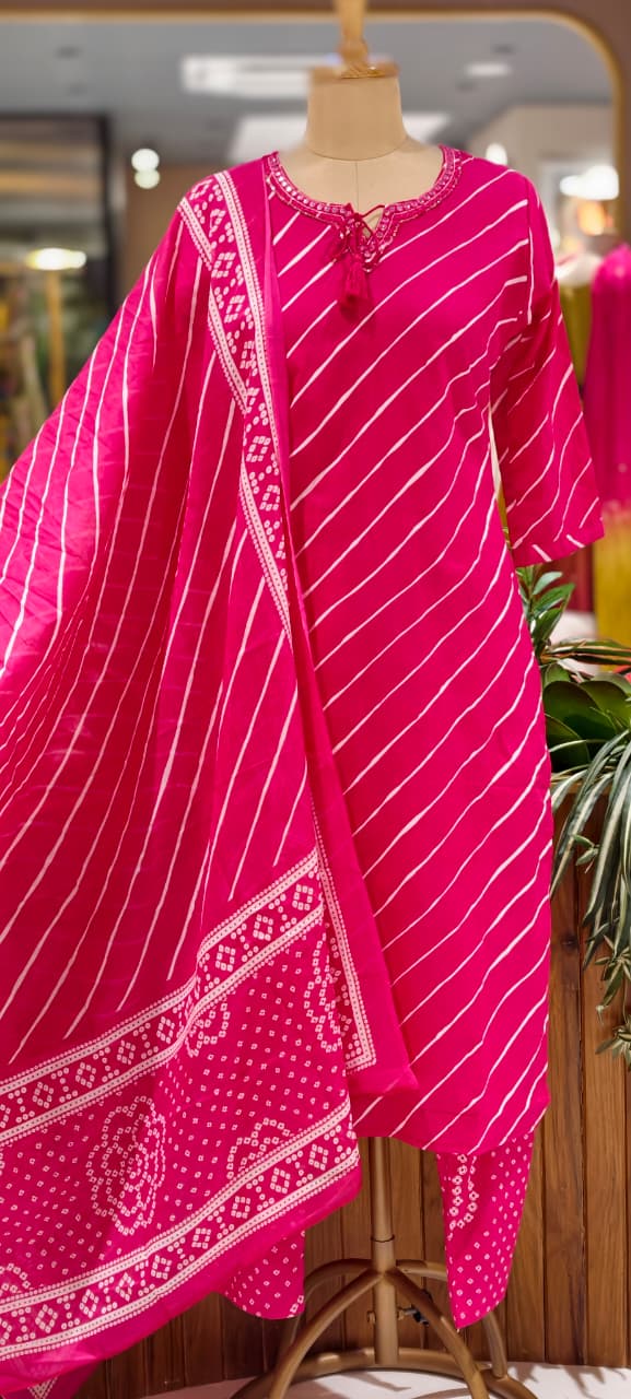 Premium Leheriya Print Cotton Full Suit Set with Matching Dupatta- 15475