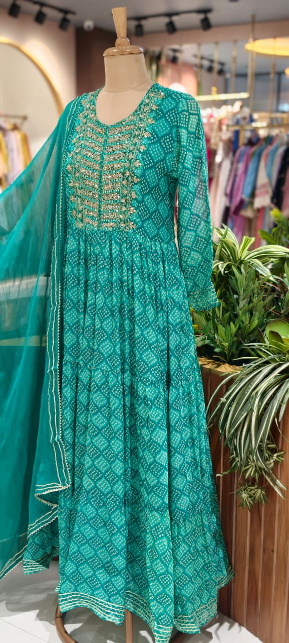 Georgette Bandhani Diamond Print Anarkali Set with Heavy Embroidered Yoke & Matching Dupatta(No Bottom)-15489
