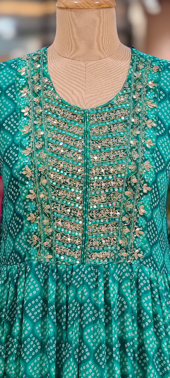 Georgette Bandhani Diamond Print Anarkali Set with Heavy Embroidered Yoke & Matching Dupatta(No Bottom)-15489