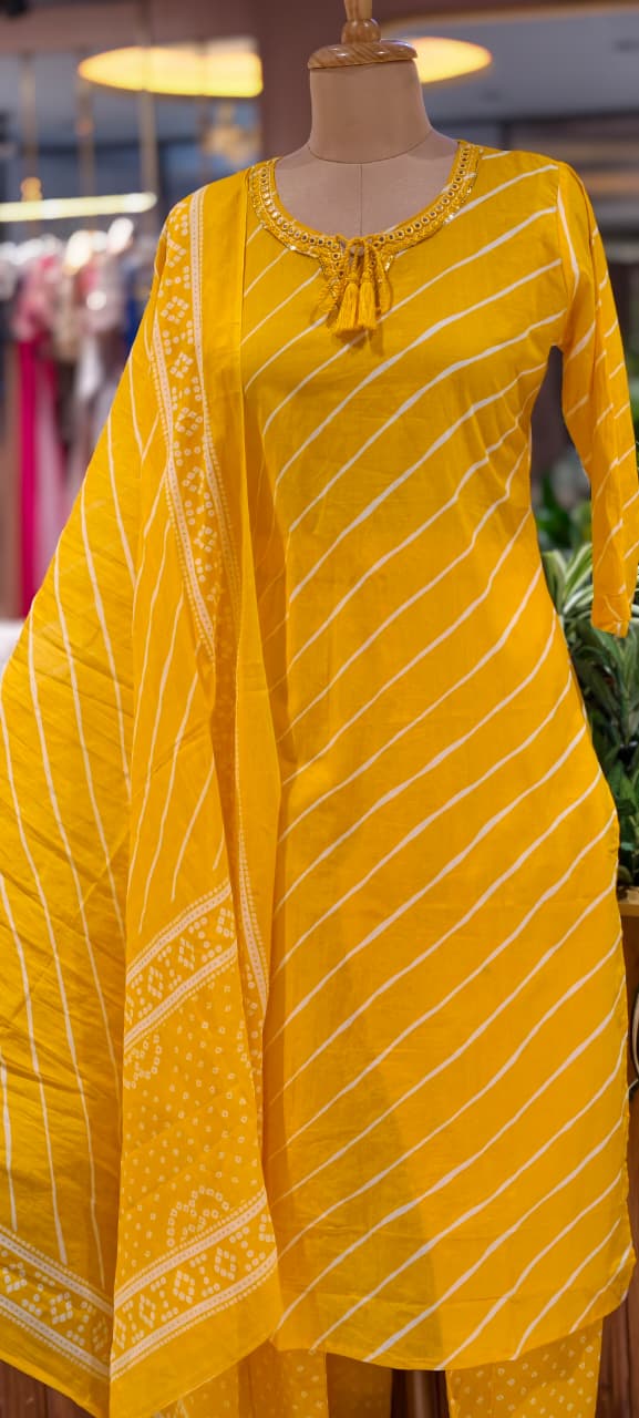 Premium Leheriya Print Cotton Full Suit Set with Matching Dupatta- 15475