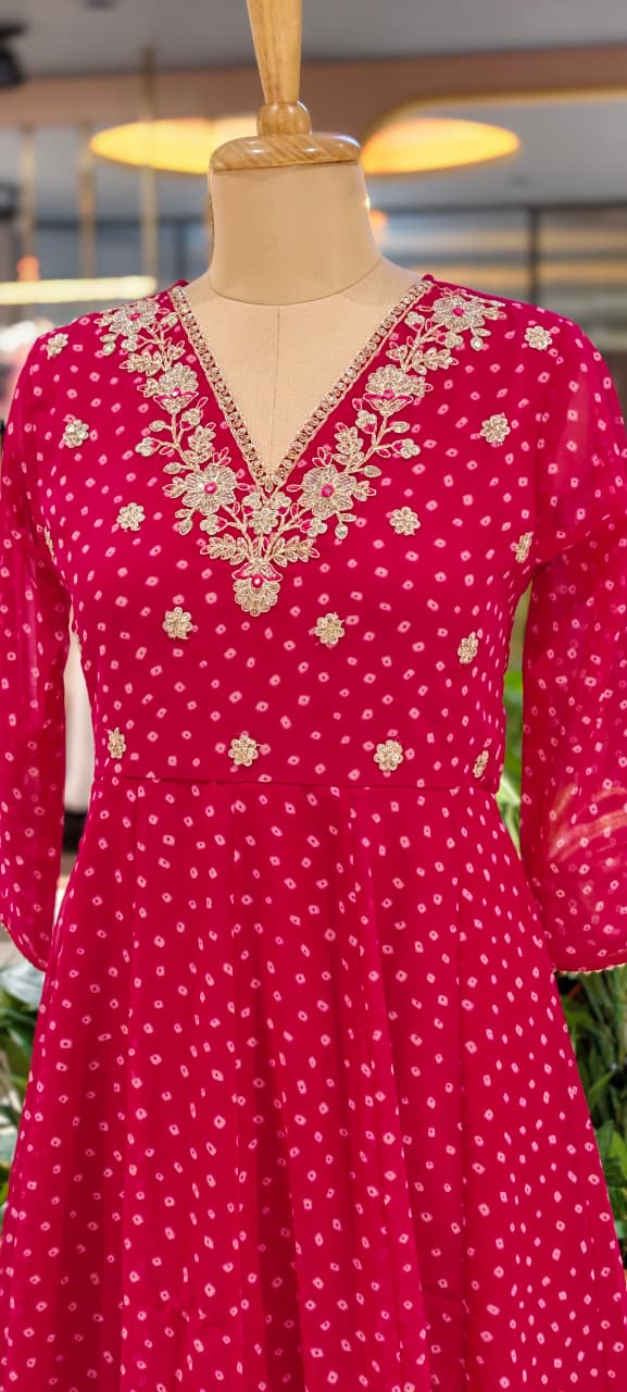 Georgette Bandhani Print Anarkali Kurta Set with Heavy Embroidered V-Neck Matching Dupatta & Bottom-15487