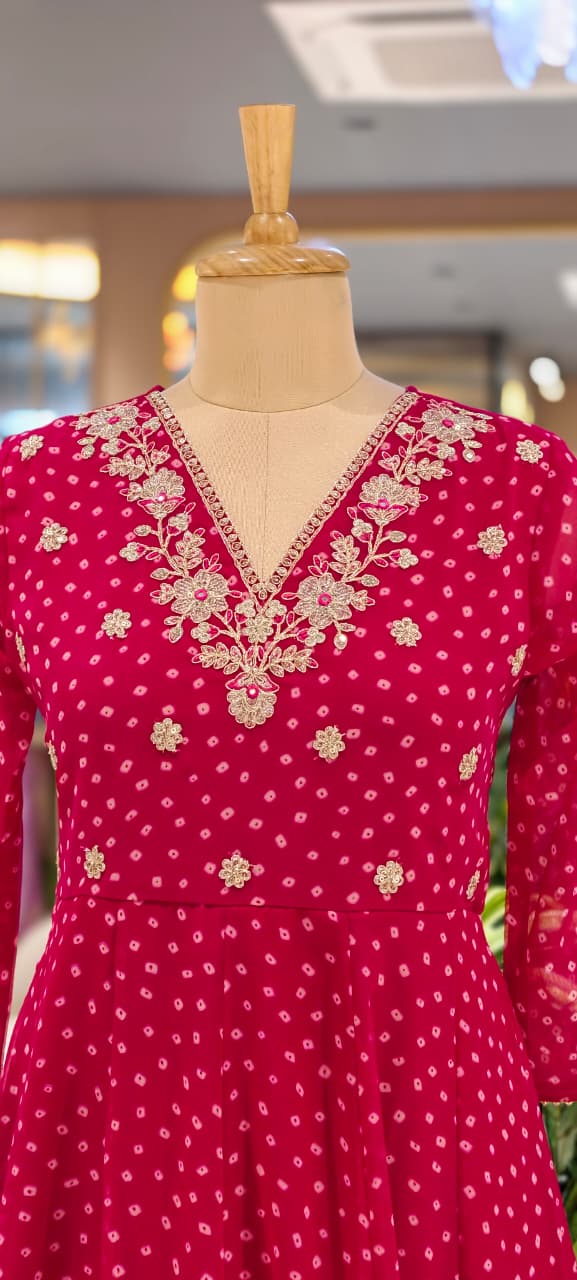 Georgette Bandhani Print Anarkali Kurta Set with Heavy Embroidered V-Neck Matching Dupatta & Bottom-15487