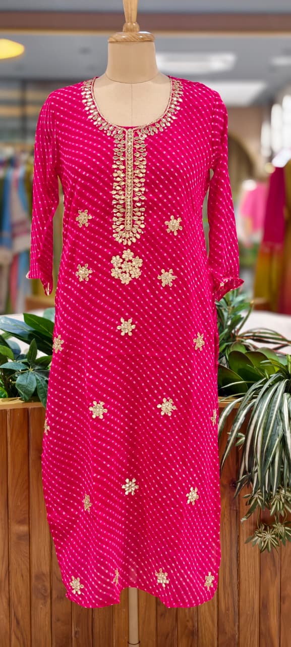Georgette Leheriya Print Kurti with Heavy Hand Embroidered Neck- 15490