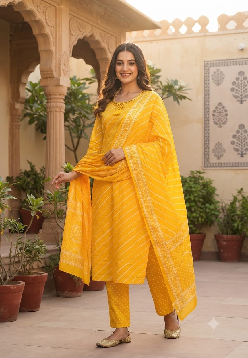 Premium Leheriya Print Cotton Full Suit Set with Matching Dupatta- 15475