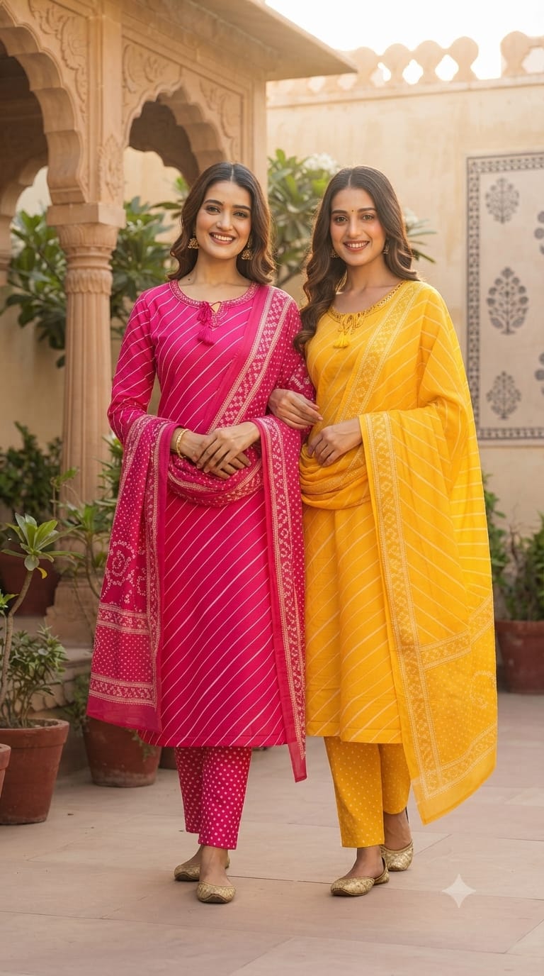 Premium Leheriya Print Cotton Full Suit Set with Matching Dupatta- 15475