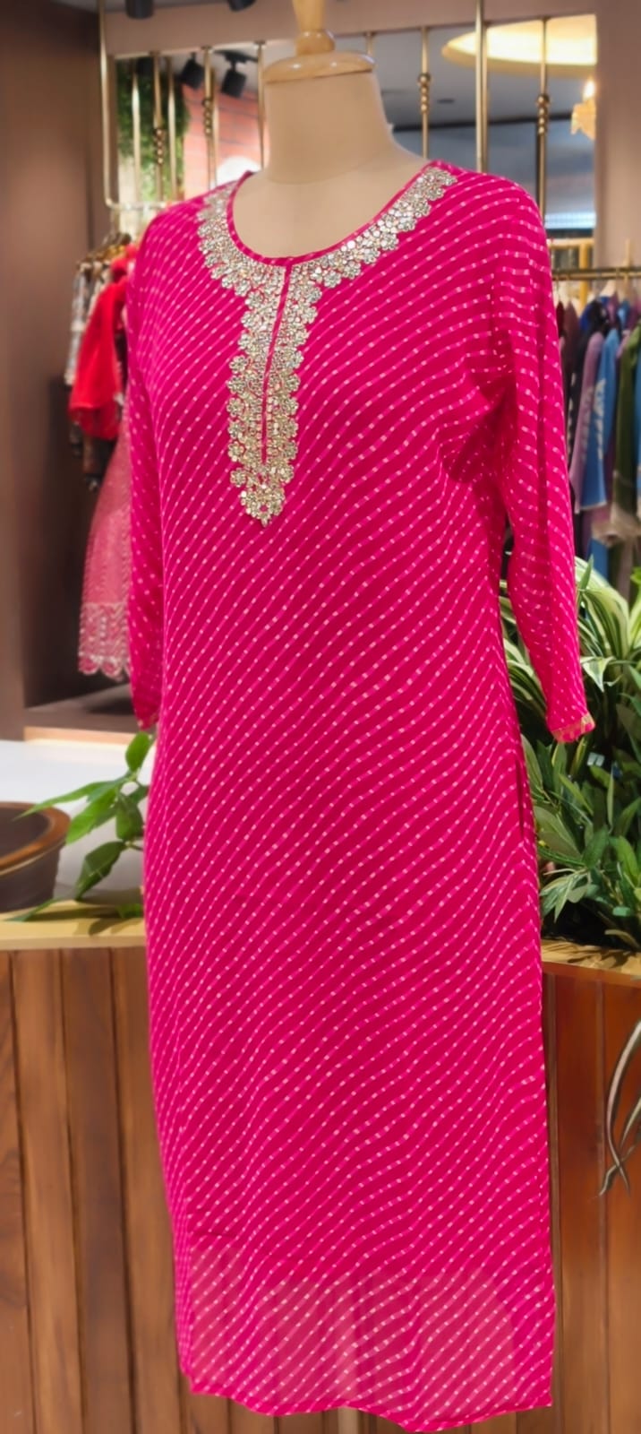Women's Georgette Leheriya Print Kurti with Heavy Hand Embroidered Round Neck-15490