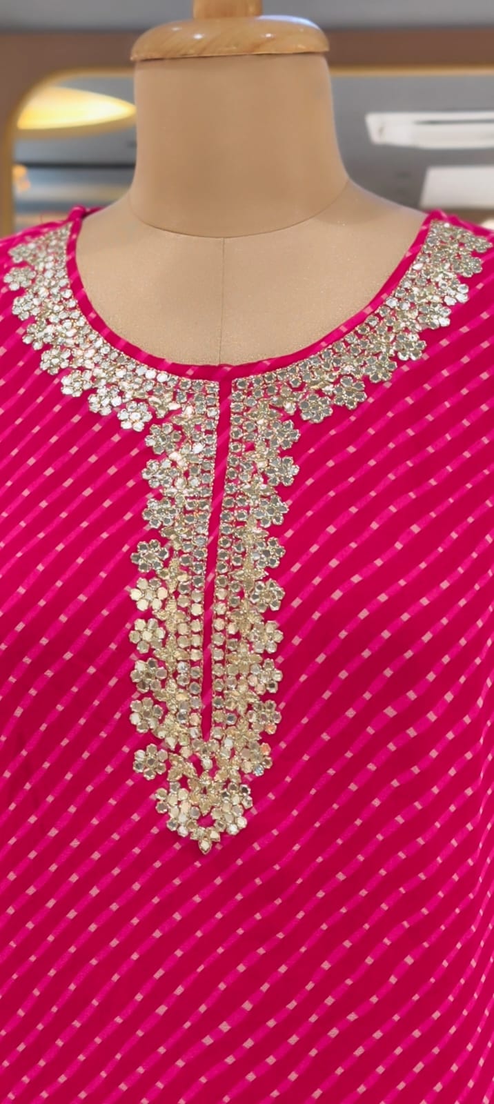 Women's Georgette Leheriya Print Kurti with Heavy Hand Embroidered Round Neck-15490