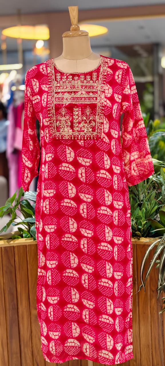 Women's Georgette Printed Kurti with Machine Embroidered Yoke Straight Fit-15478