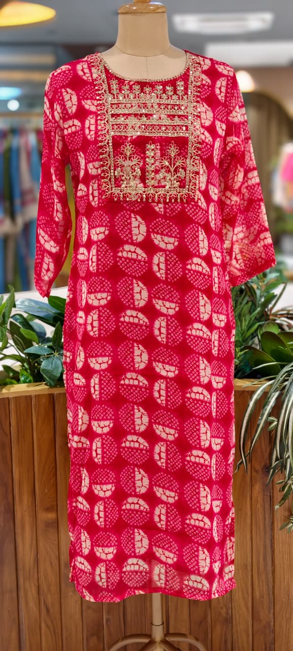Women's Georgette Printed Kurti with Machine Embroidered Yoke Straight Fit-15478