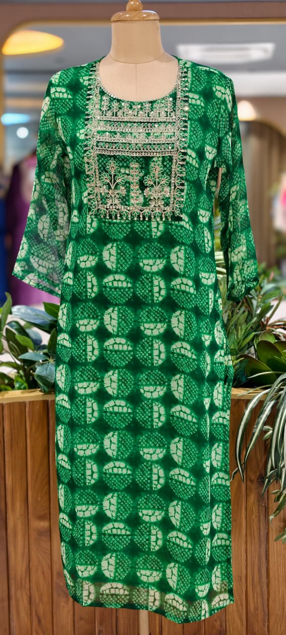 Women's Georgette Printed Kurti with Machine Embroidered Yoke Straight Fit-15478