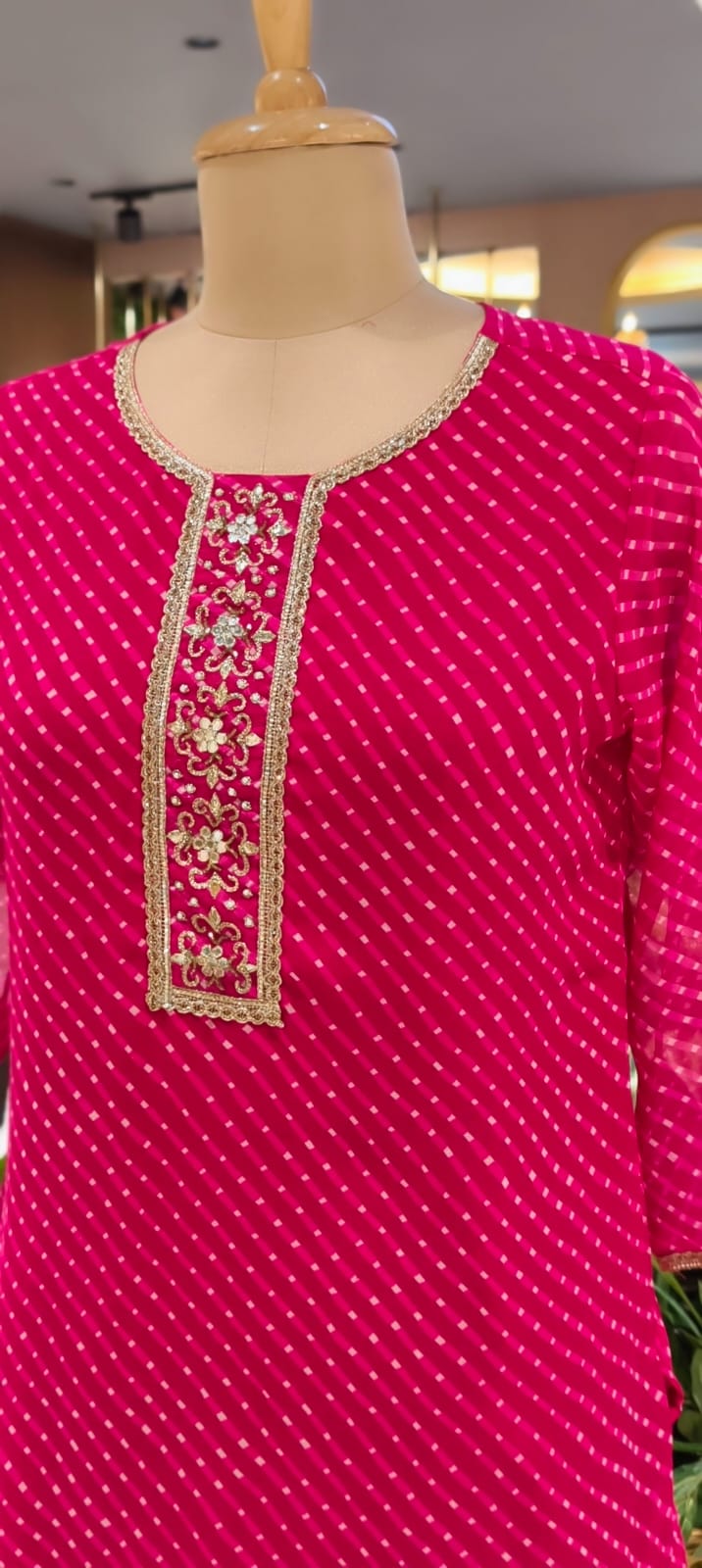 Women's Georgette Leheriya Print Kurti with Machine Embroidered Neck-15477