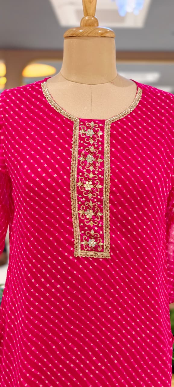 Women's Georgette Leheriya Print Kurti with Machine Embroidered Neck-15477